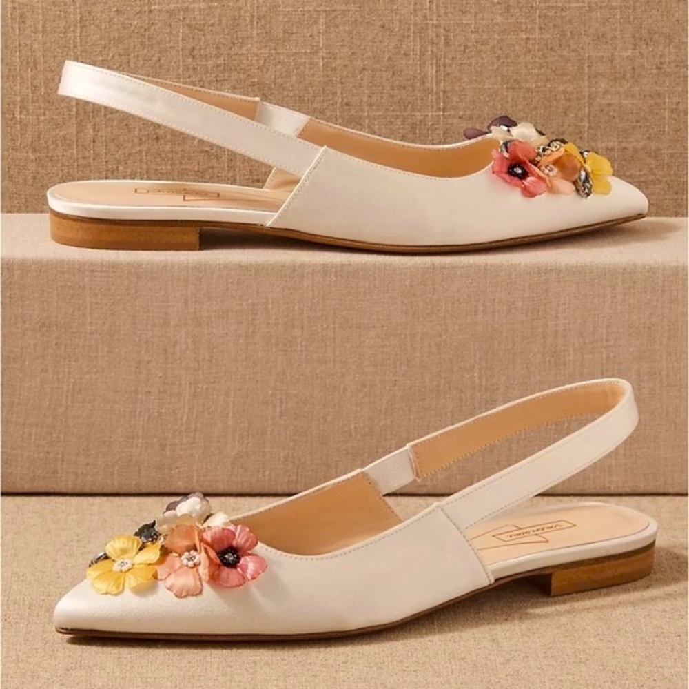 New Pokemaoke BHLDN Alta 3D Flowers 6 Ivory Satin Floral Slingback Formal Bridal